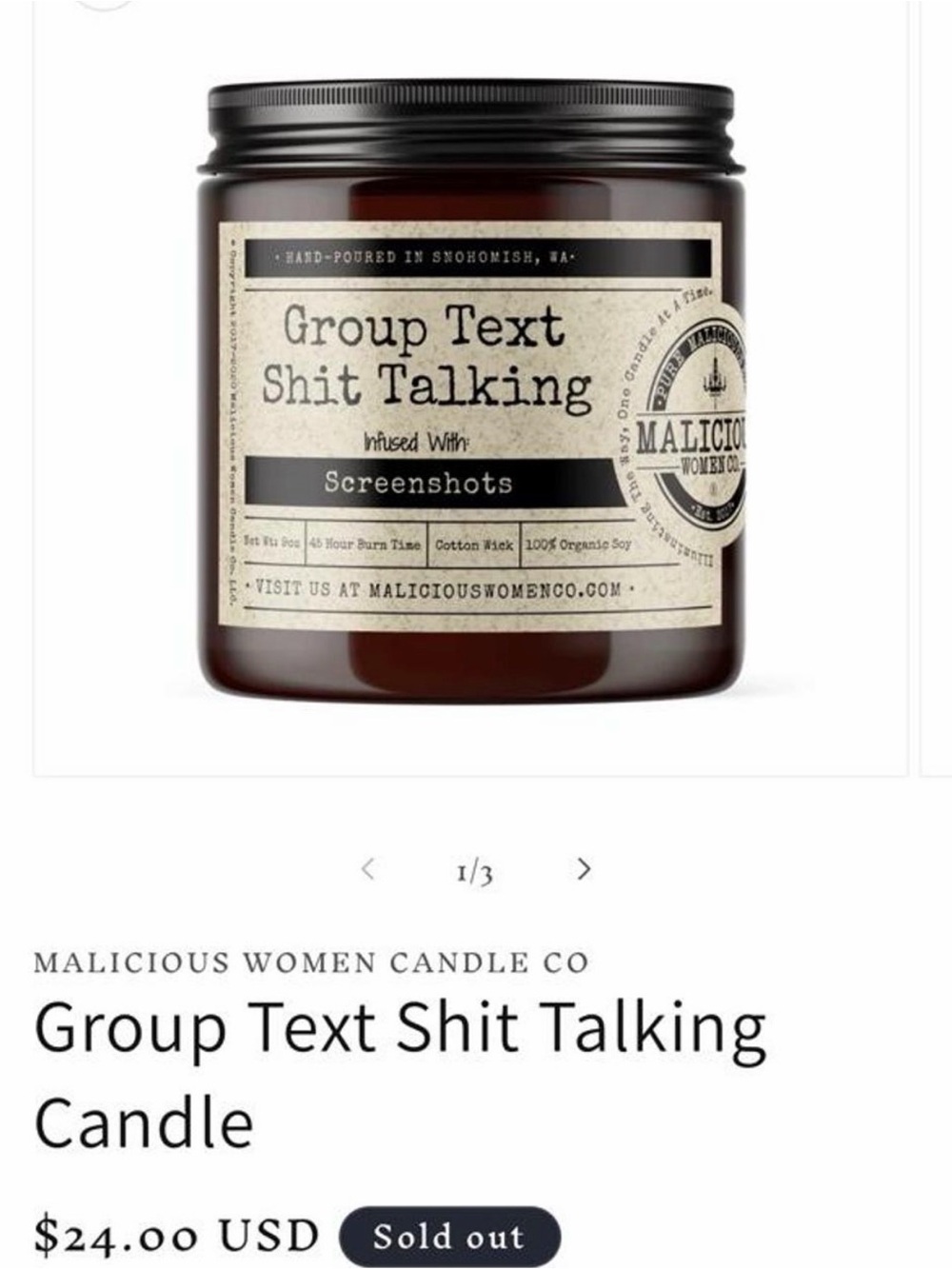 Malicious Women Candle Co. “Group Text Shit Talking” candle. NEW WITH TAGS